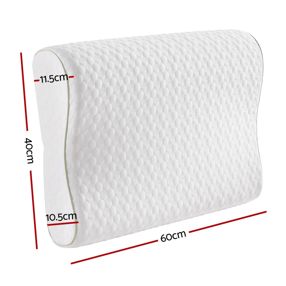 White Fitlybuy contoured memory foam neck pillow with textured fabric and labeled dimensions (60x40x11.5cm).