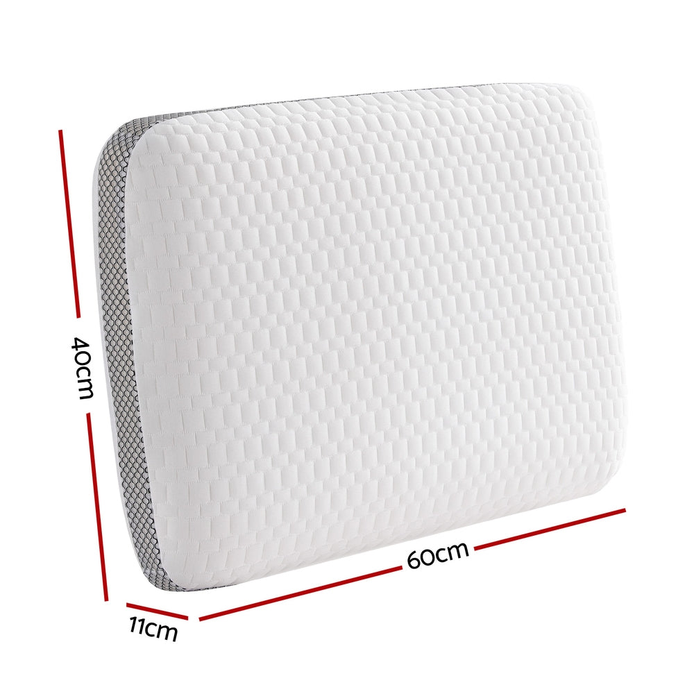 White rectangular Fitlybuy memory foam pillow with gray side mesh, labeled with 60x40x11cm dimensions.