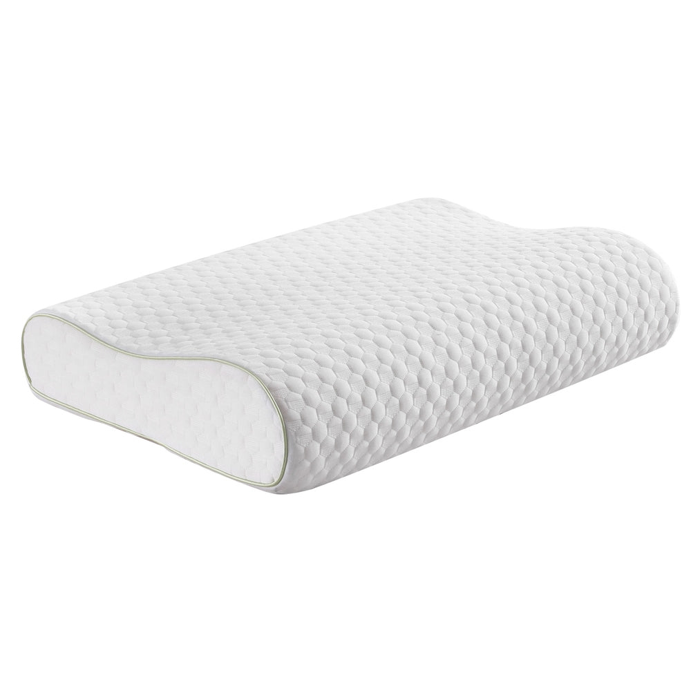 White Fitlybuy ErgoComfort contoured memory foam neck pillow with textured honeycomb cover and gray piping.