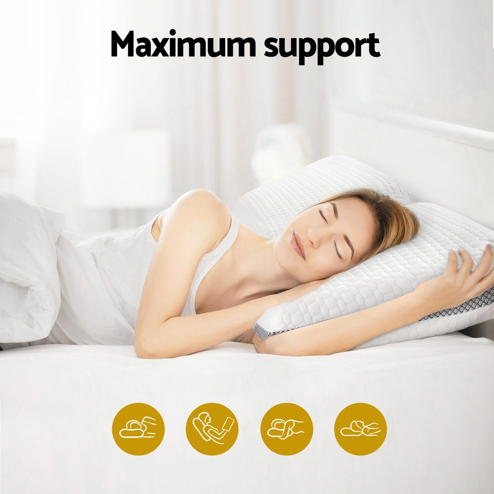 Woman sleeping on a white Fitlybuy memory foam pillow with a textured cover and adaptive side support on a bed.