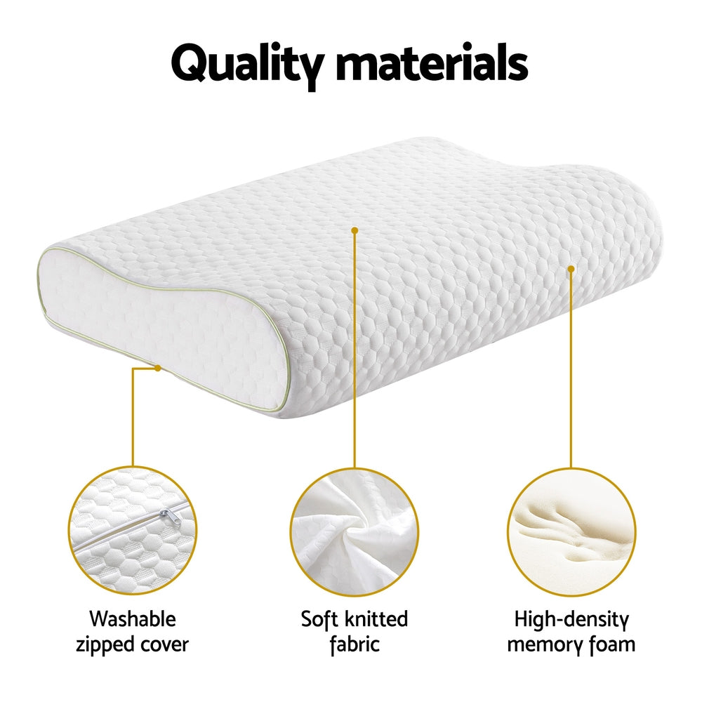 Fitlybuy white contoured memory foam pillow with callouts for zipped cover, soft fabric, and high-density foam.
