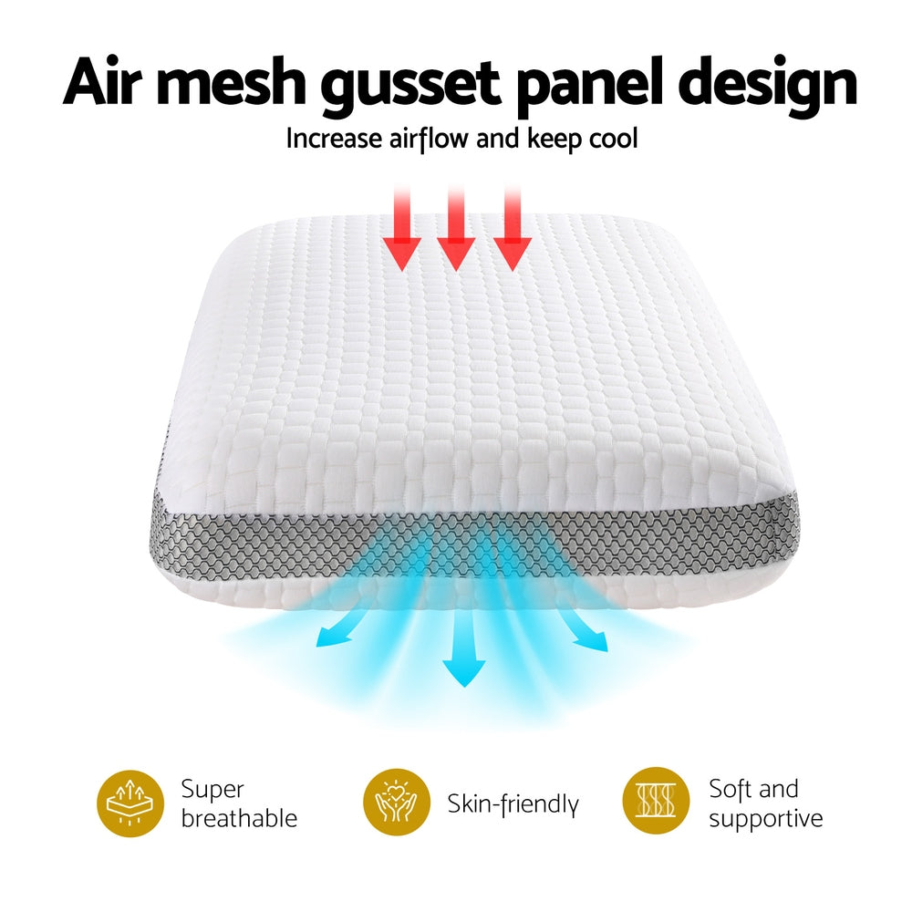 Fitlybuy white memory foam pillow with grey air mesh gusset for airflow. Features cool, breathable, supportive design.