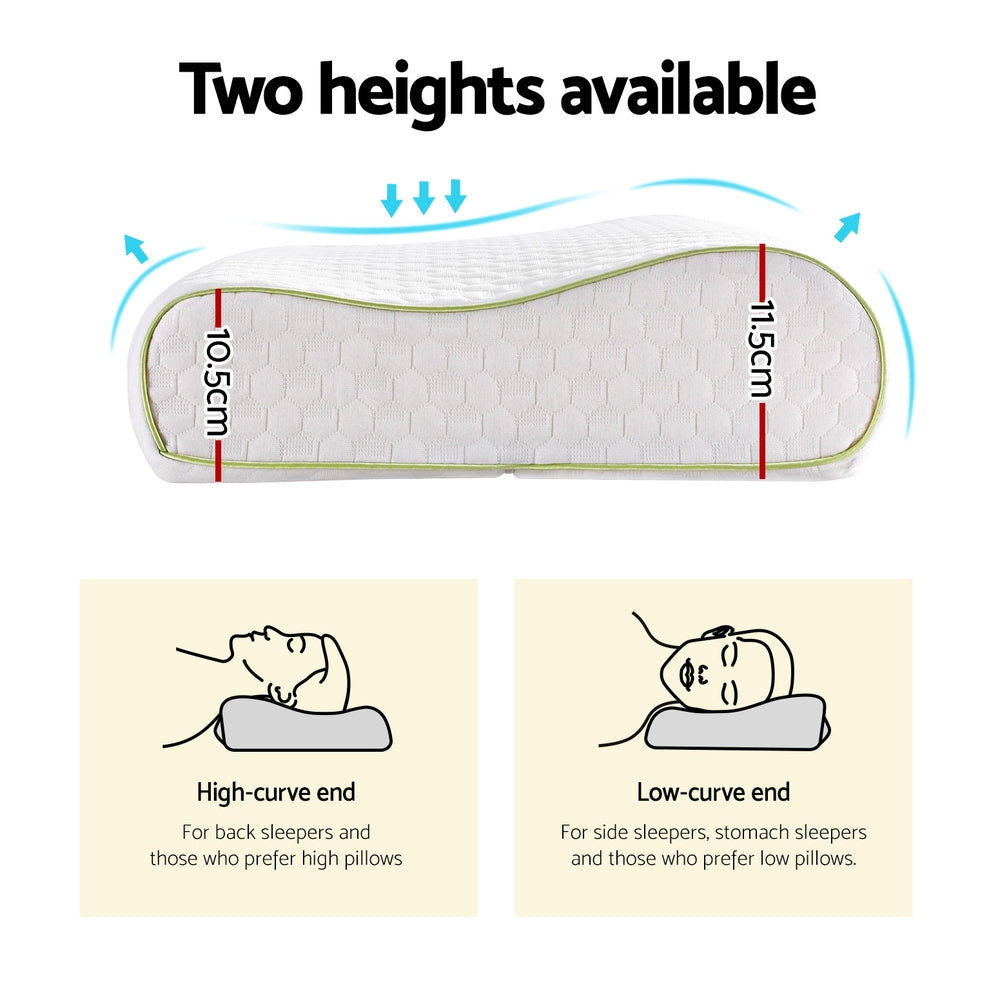 Fitlybuy memory foam neck pillow with 10.5cm and 11.5cm heights, showing usage for back, side, and stomach sleepers.