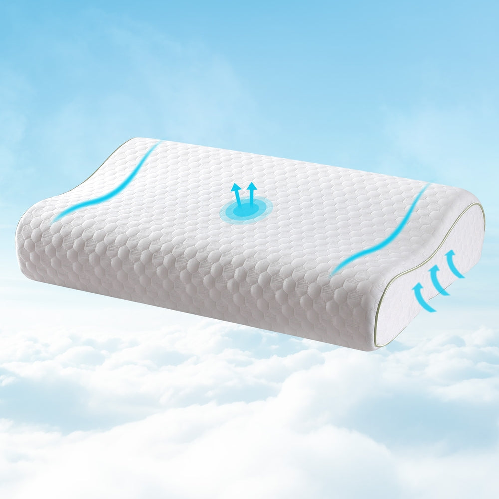 White Fitlybuy contoured memory foam pillow with adaptive airflow arrows, floating above clouds in a blue sky.