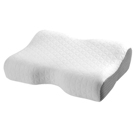 White Fitlybuy ergonomic memory foam contour pillow with a diamond-quilted top and grey mesh side panel on white.