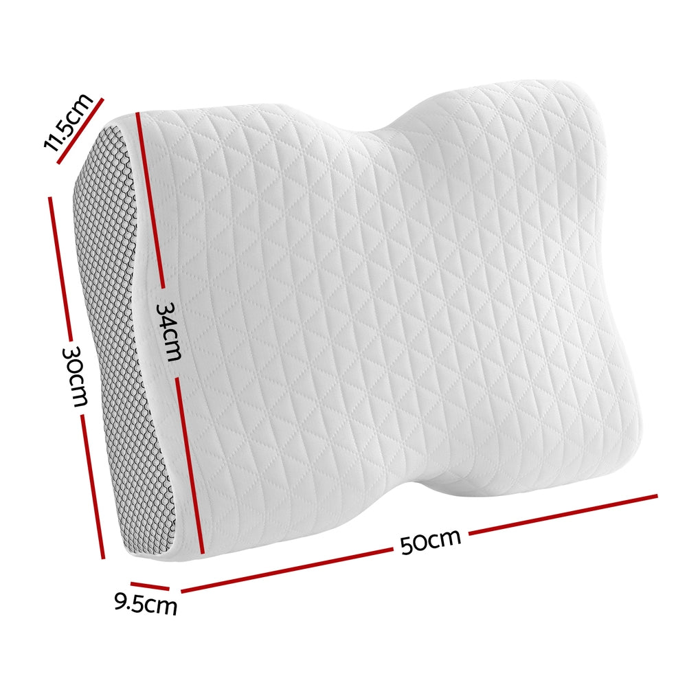 White Fitlybuy ergonomic memory foam contour pillow with quilted texture, side mesh, and 50x34x11.5cm dimensions.