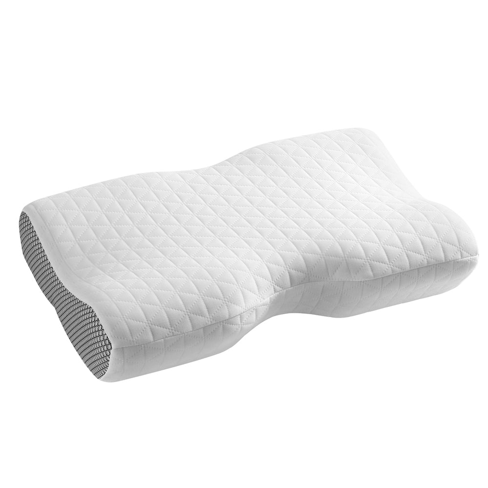 White ergonomic memory foam contour pillow with quilted fabric and grey mesh side panels for neck support.