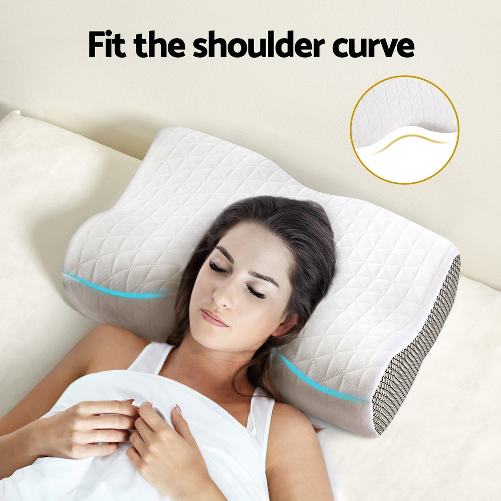Woman sleeping on white, ergonomic Fitlybuy contour memory foam pillow with neck support and quilted fabric cover.