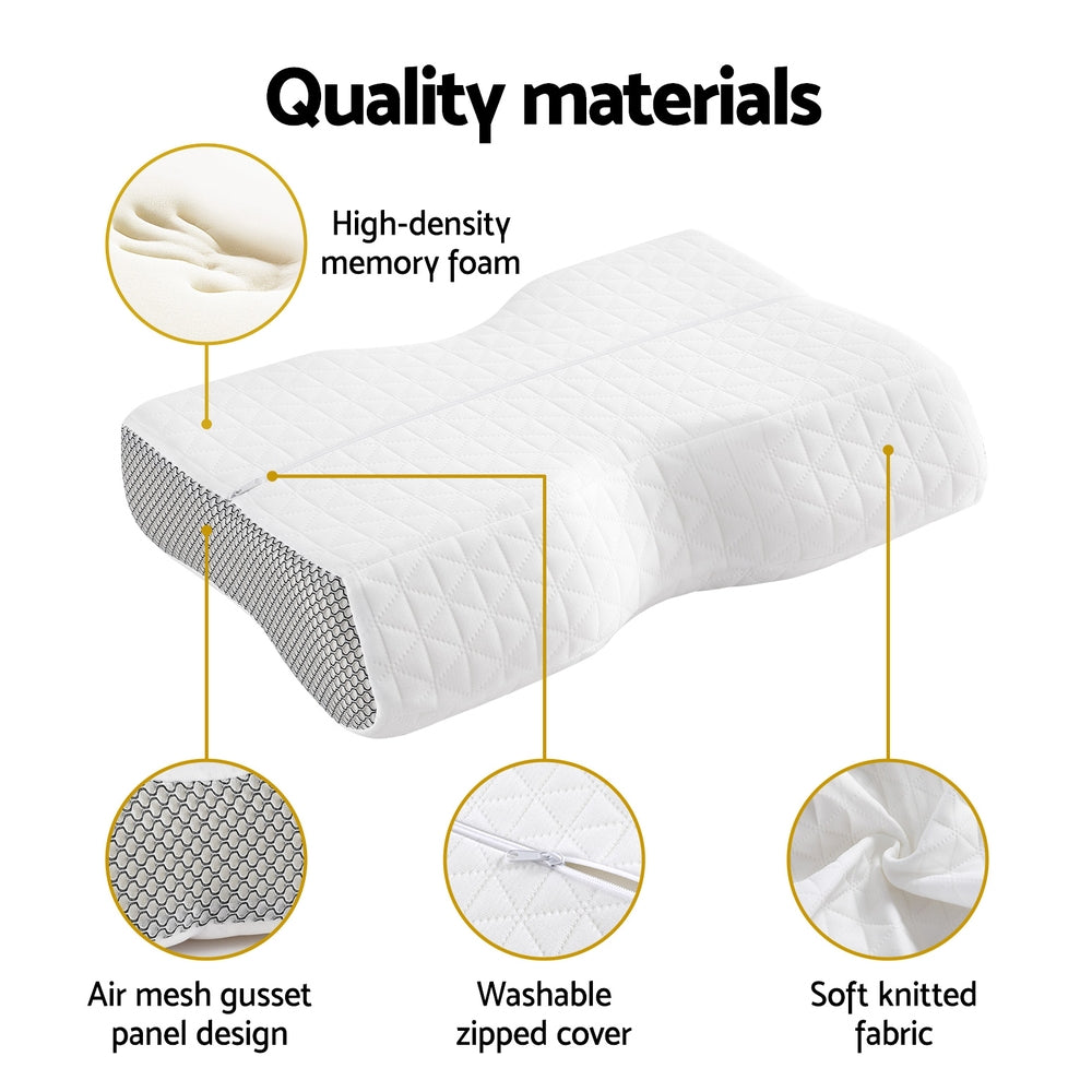 Fitlybuy white contoured memory foam pillow featuring an air mesh gusset, zippered cover, and soft knit fabric.