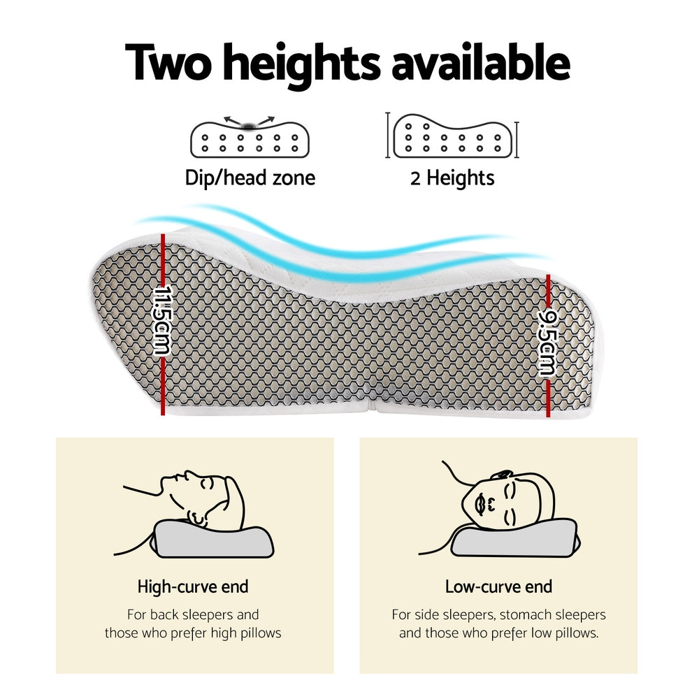 Fitlybuy ergonomic memory foam contour pillow showing two heights (11.5cm and 9.5cm) for different sleeping positions.