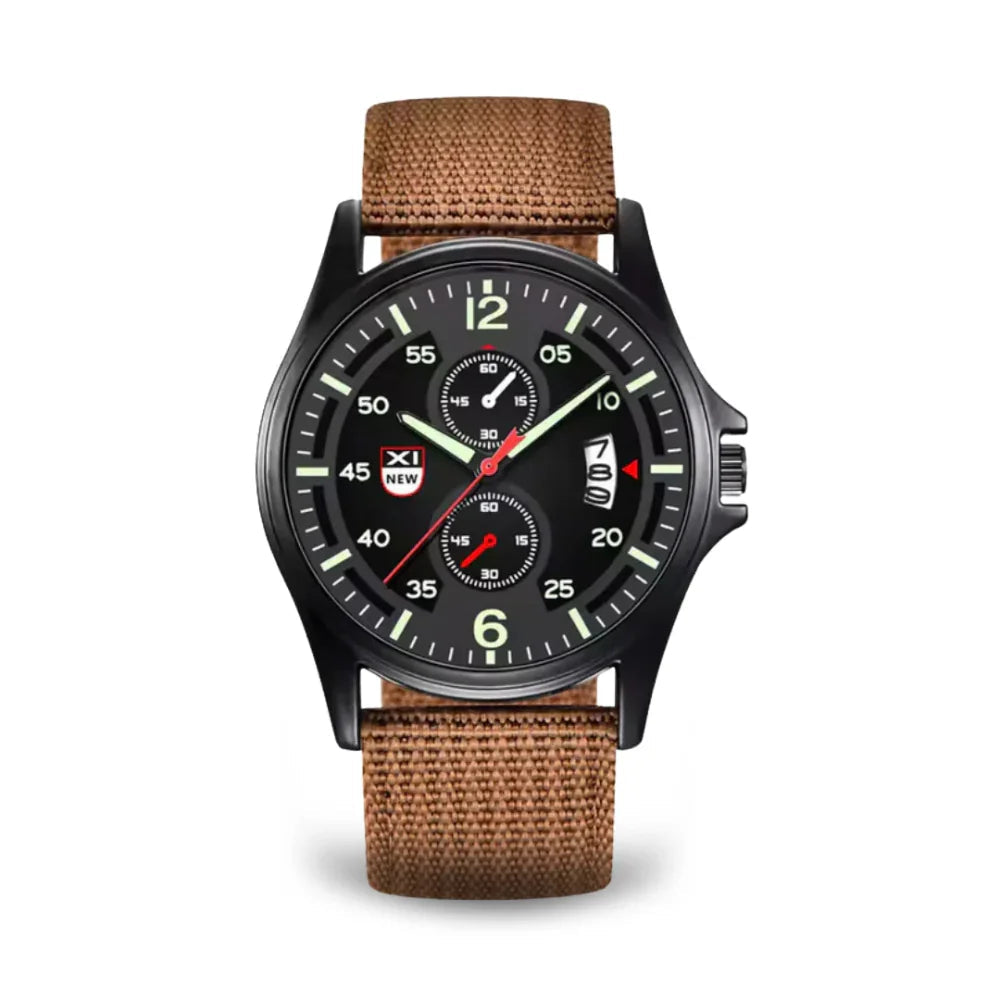 Fitlybuy military quartz watch with black dial, luminous hands, and brown tactical nylon strap on a white background.