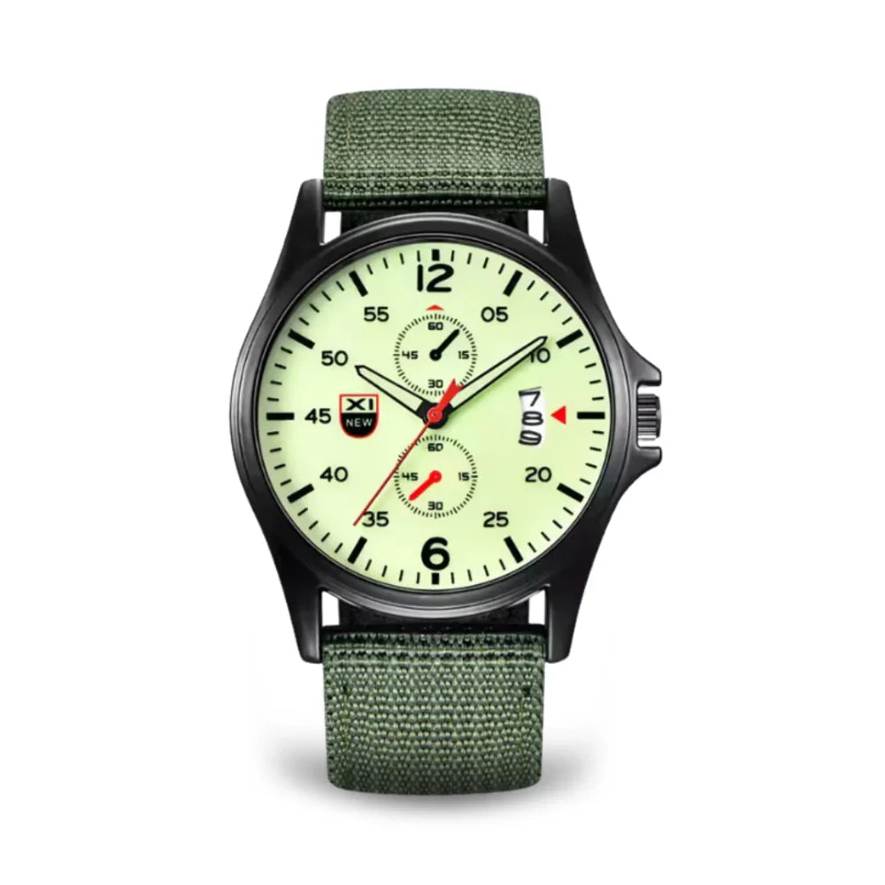 Fitlybuy military quartz watch with a light green dial, black case, and textured olive green tactical nylon strap.