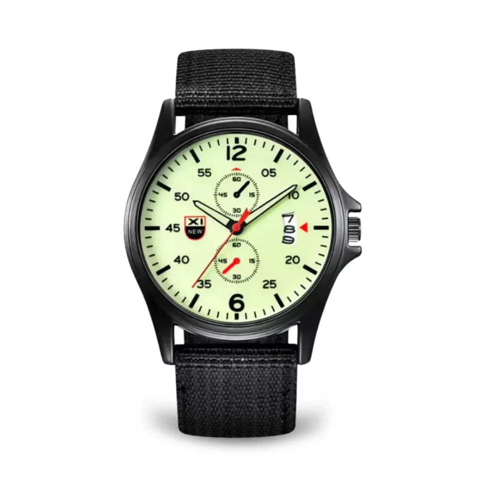 Fitlybuy military quartz watch with a black case, light-yellow dial, red hands, and a black tactical nylon strap.