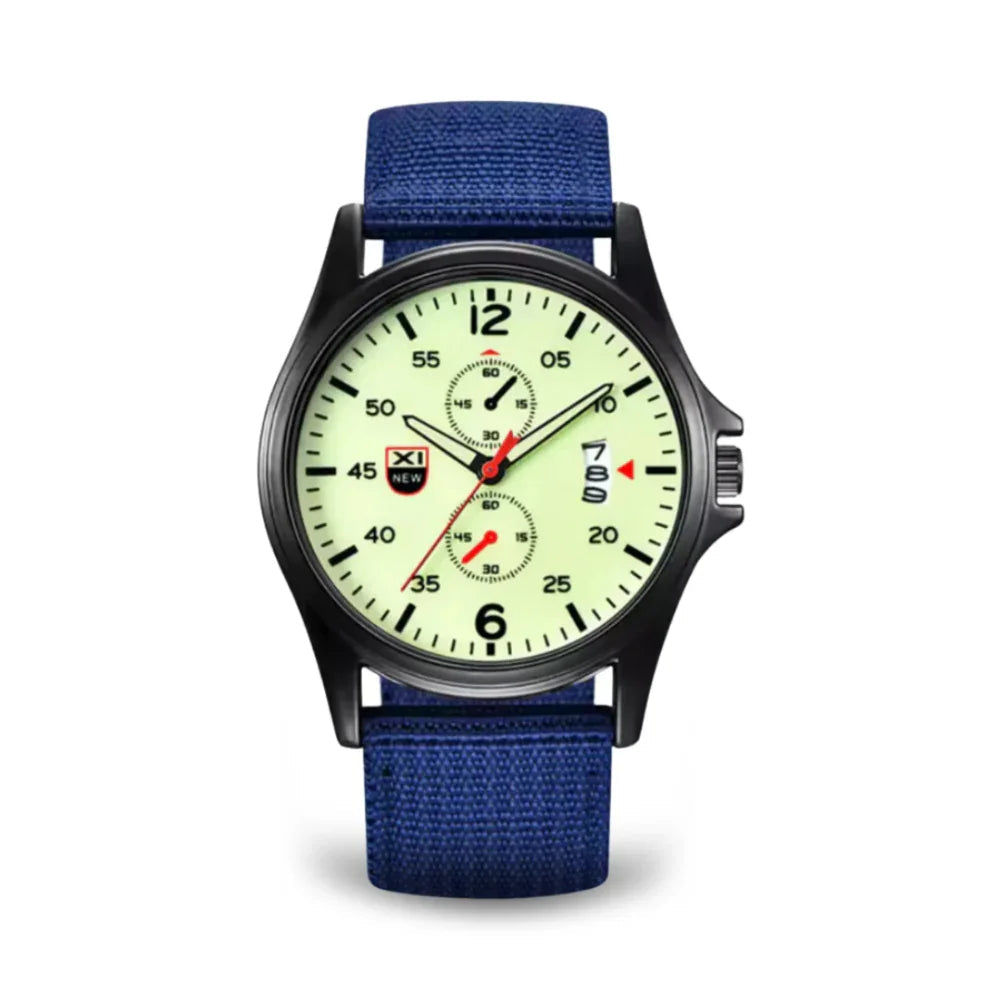 Fitlybuy military quartz watch with black case, cream dial, red accents, and a blue tactical nylon strap.