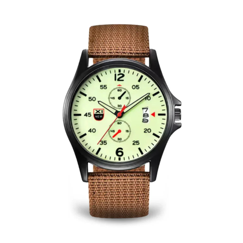 Fitlybuy military quartz watch with black case, pale green dial, and brown tactical nylon strap on white background.
