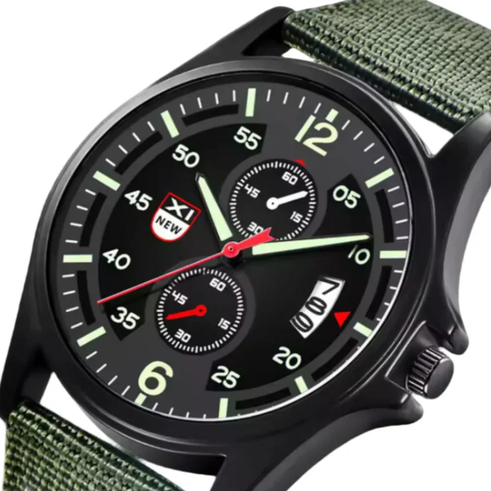 Fitlybuy military quartz watch with black dial, luminous hands, red accents, and olive green tactical nylon strap.