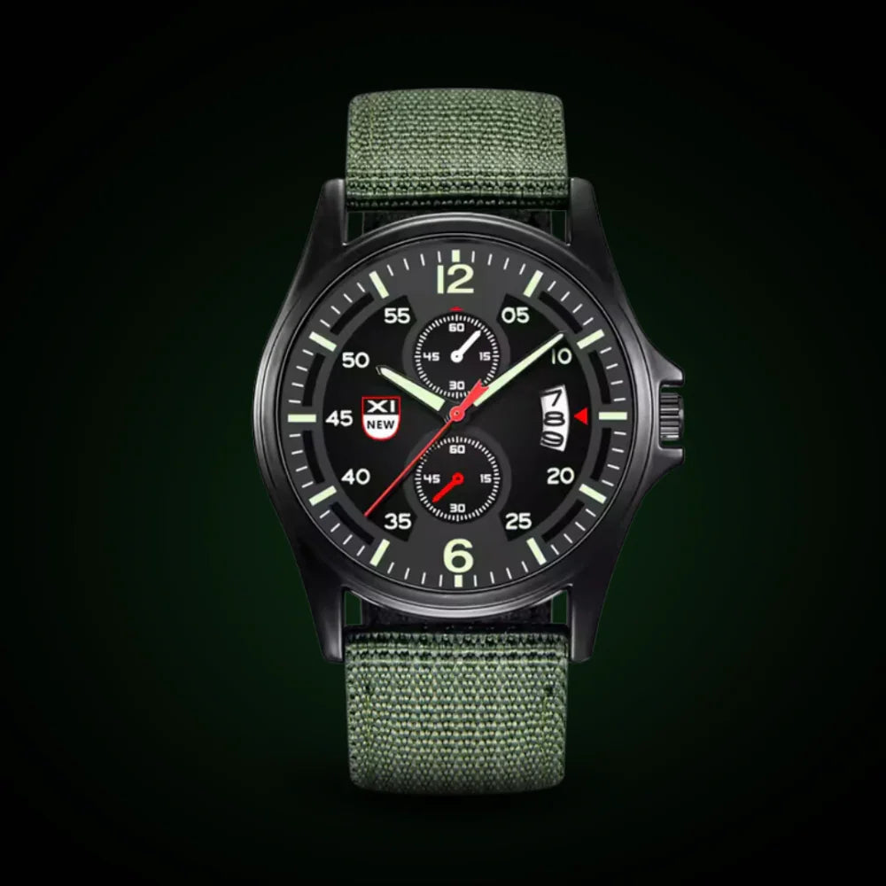 Fitlybuy military quartz watch with black face, luminous hands, and olive green tactical nylon strap on dark background.