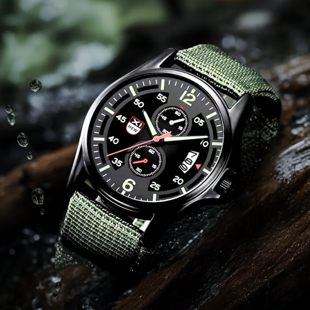Fitlybuy military quartz watch with black dial and green tactical nylon strap, set against wet wood and water droplets.