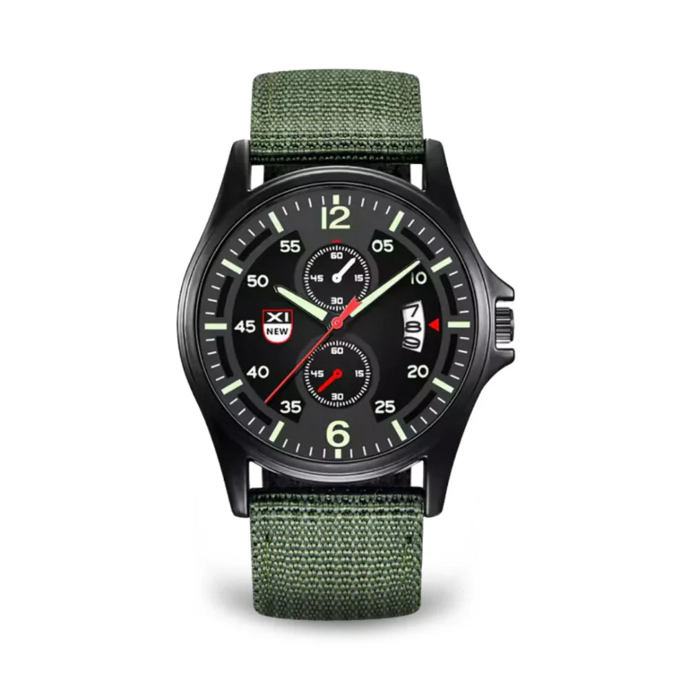 Fitlybuy military quartz watch: black case, black chronograph dial with date display, and olive green tactical nylon strap.