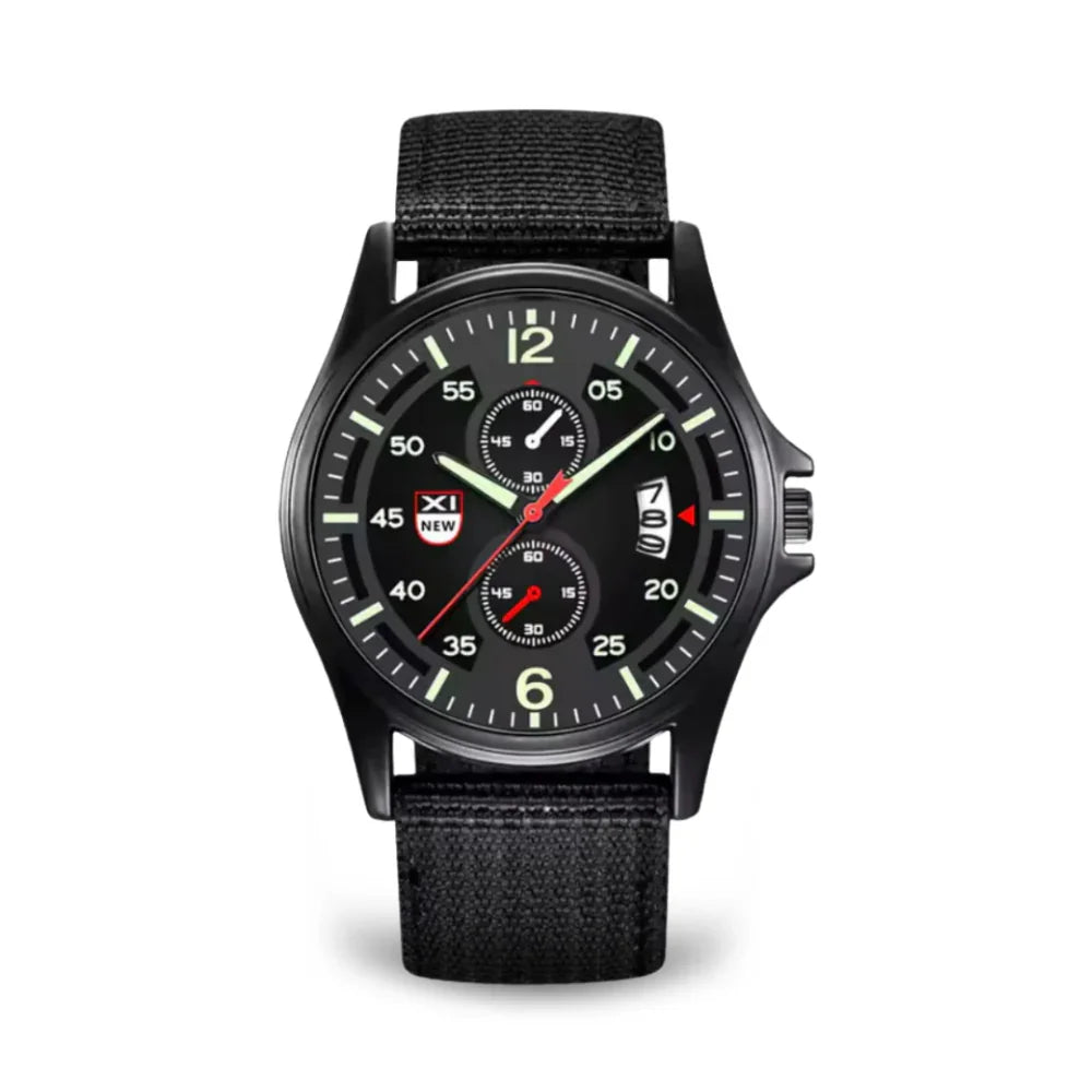Fitlybuy black military quartz watch with luminous hands, chronograph sub-dials, and a durable tactical nylon strap.
