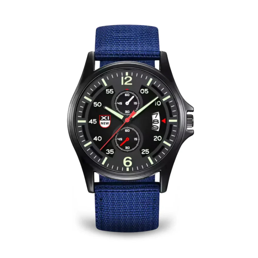 Fitlybuy military quartz watch with a black dial, luminescent markers, date window, and blue tactical nylon strap.