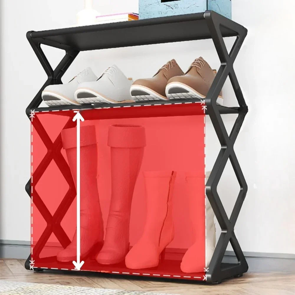 Black Fitlybuy 4-tier minimalist shoe rack with white and brown shoes, showing tall boot storage height dimensions.