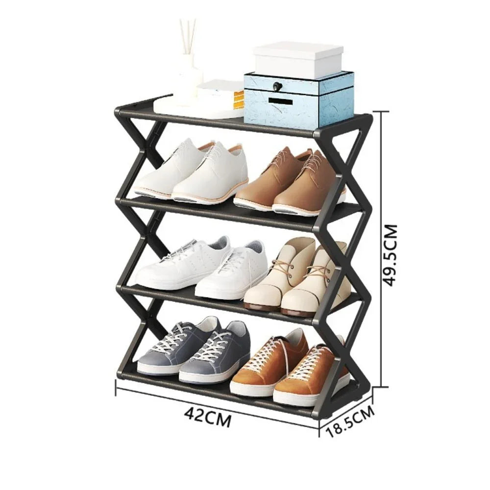 Fitlybuy black 4-tier minimalist shoe rack with Z-shaped frame, filled with various shoes and storage boxes.