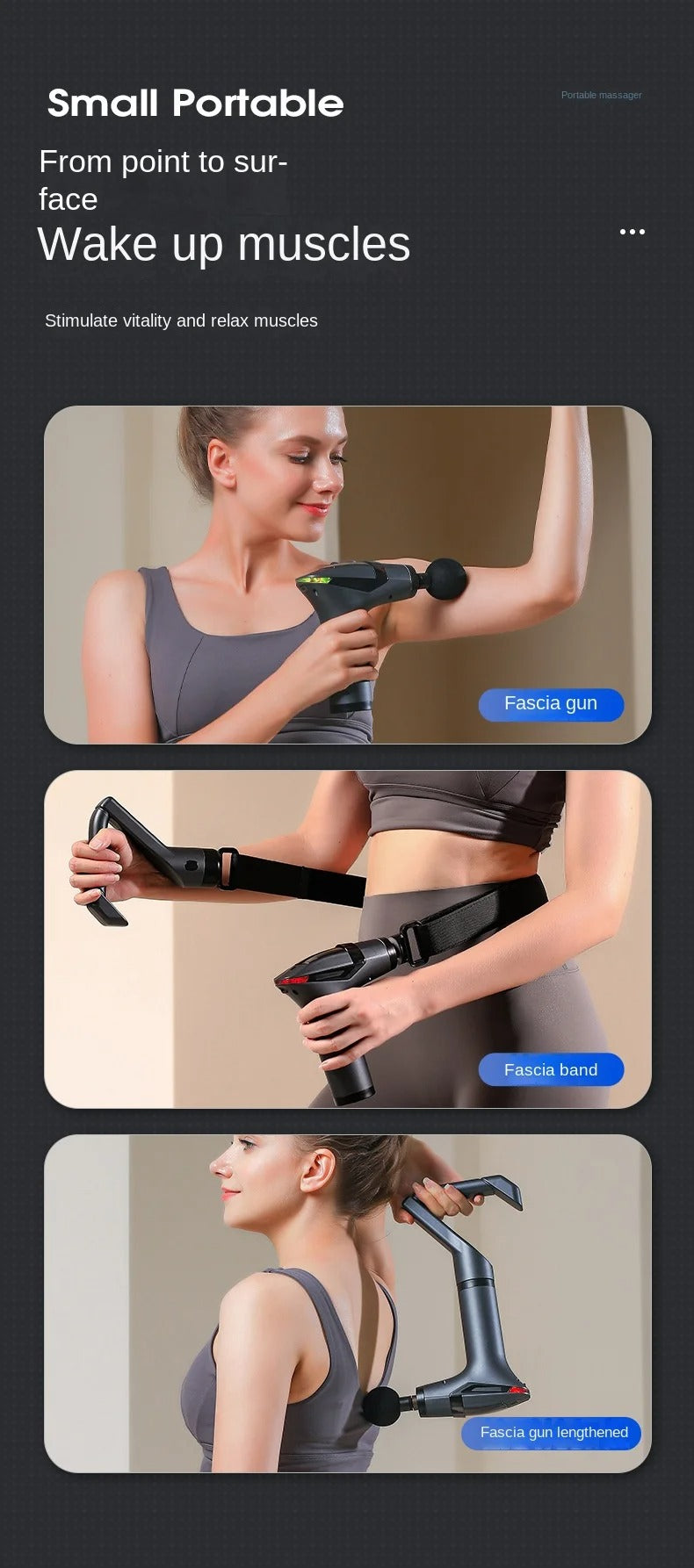 Fitlybuy gray massage gun with detachable long handle for back relief, shown being used on arm, waist, and back.