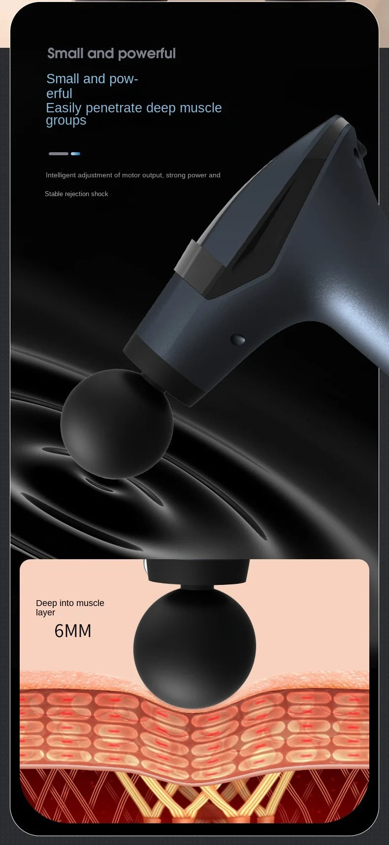 Fitlybuy dark grey handheld massage gun showing 6mm deep muscle vibration therapy on an anatomical skin diagram.