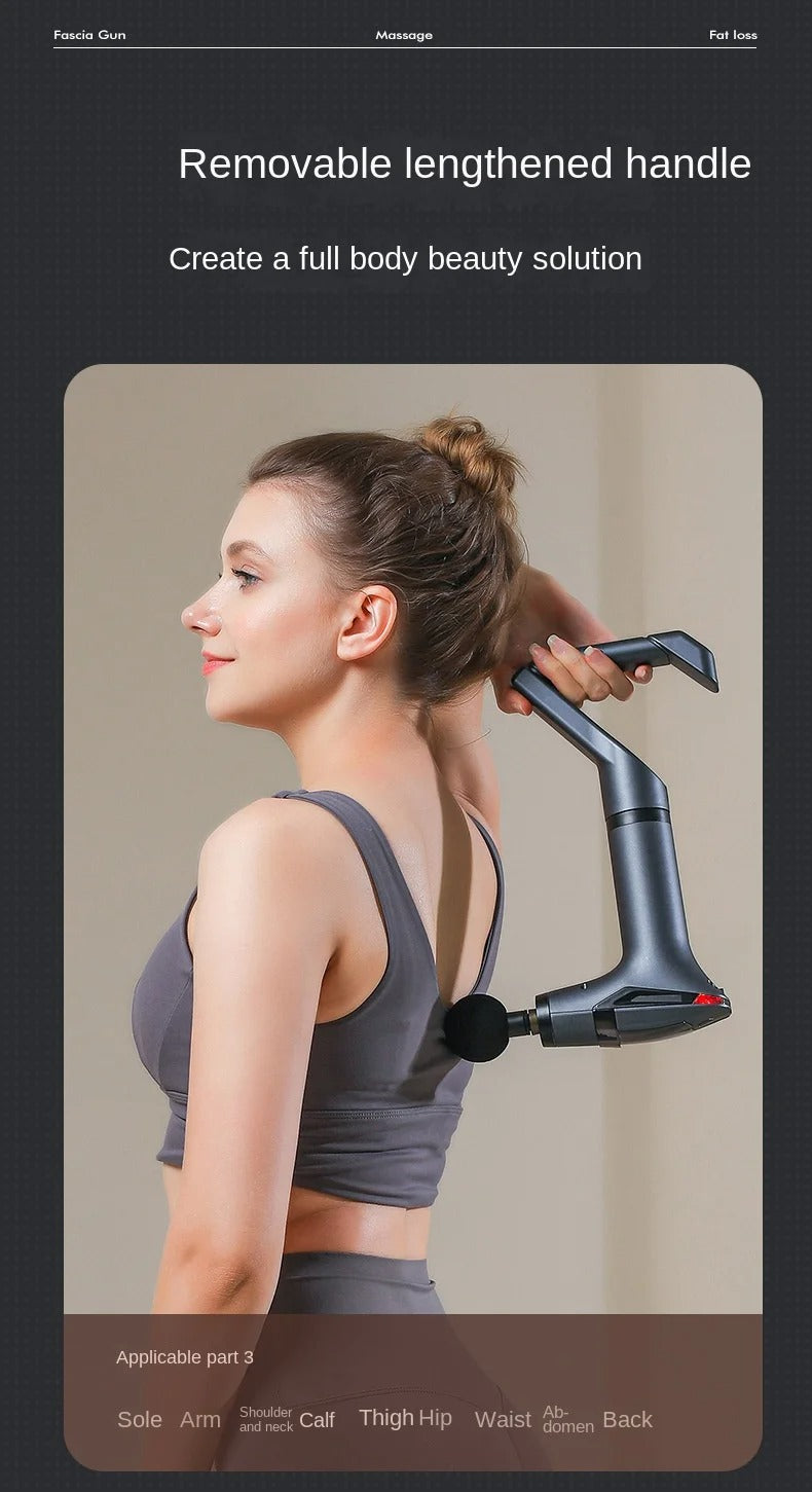 Woman using a grey Fitlybuy long-handle massage gun to reach and relax her back muscles.