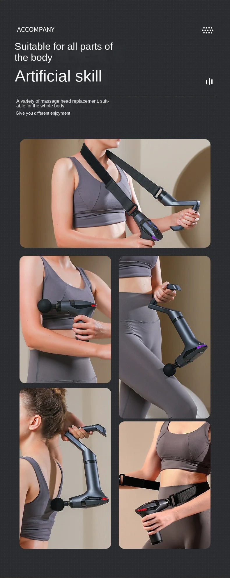 Fitlybuy long-handle massage gun in grey, shown in various positions for muscle relief on back, arms, and legs.