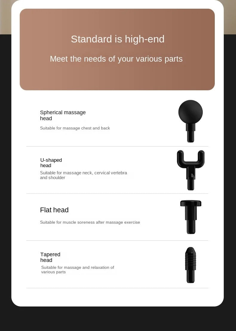 Fitlybuy massage gun set featuring four black interchangeable heads: spherical, U-shaped, flat, and tapered.