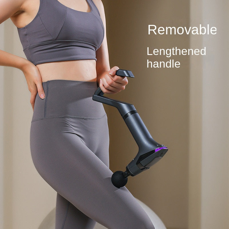 Person in gym wear using a grey Fitlybuy long-handle massage gun for leg muscle recovery.