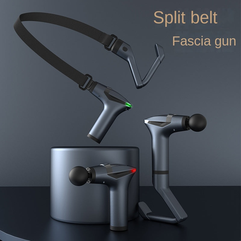 Fitlybuy long-handle muscle massage gun with vibration therapy, featuring gray ergonomic design and attachable straps.