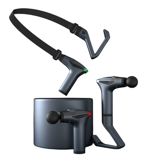 Fitlybuy dark grey muscle massage gun with long handle, adjustable strap, and ball head attachments for therapy.