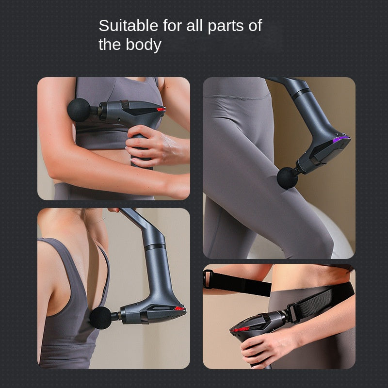 Fitlybuy long-handle gray massage gun used by a woman on her arm, leg, back, and waist for muscle relaxation.