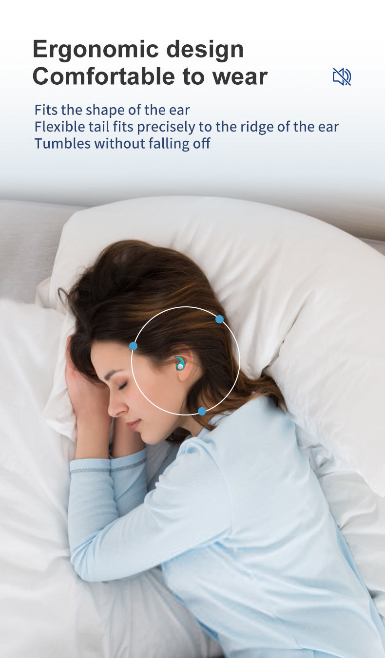 Woman sleeping on a pillow wearing a teal Fitlybuy noise-canceling earplug with a flexible, ergonomic design.
