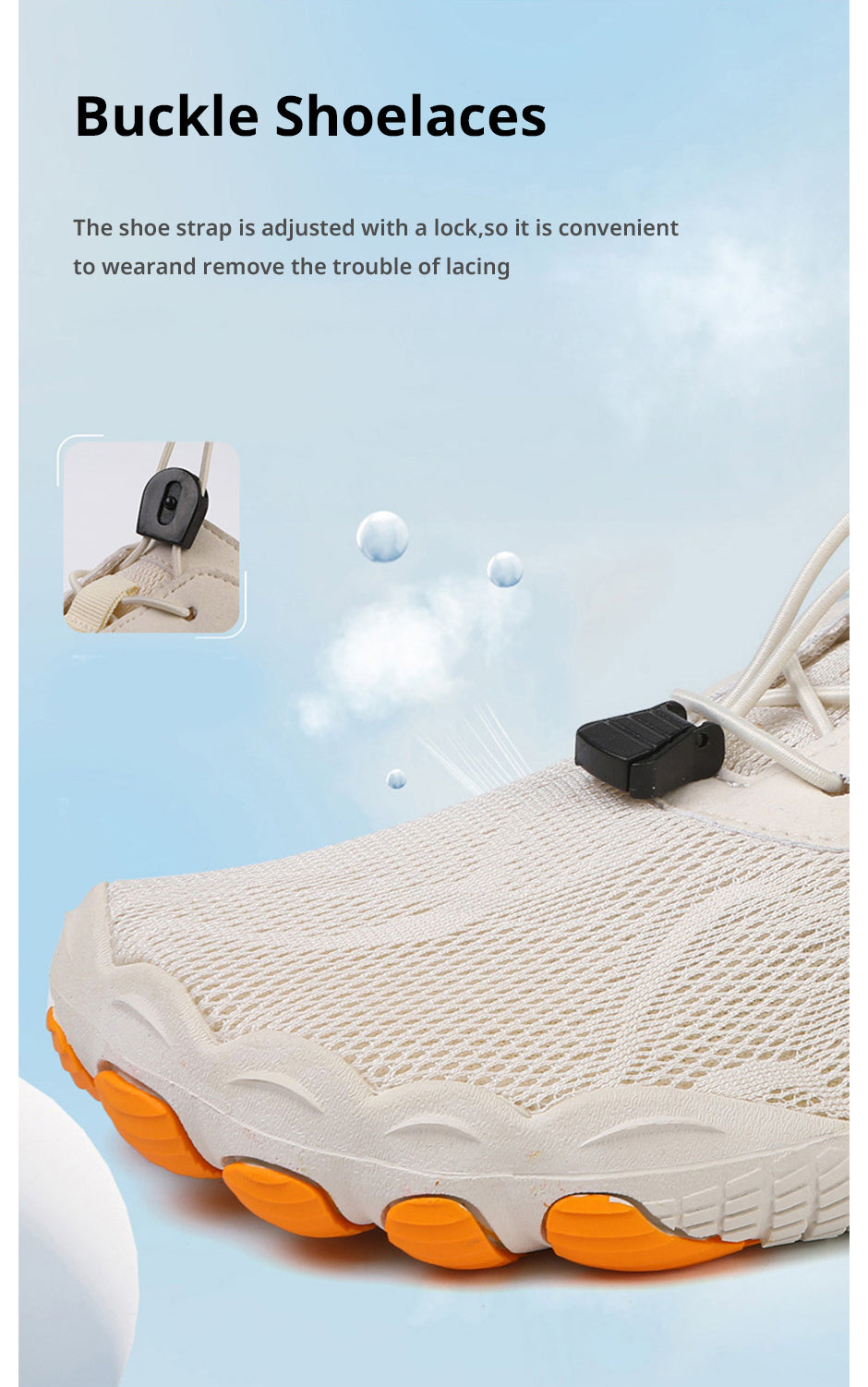 Fitlybuy AquaStep beige mesh water shoe with adjustable buckle lacing and orange UltraGrip traction sole.