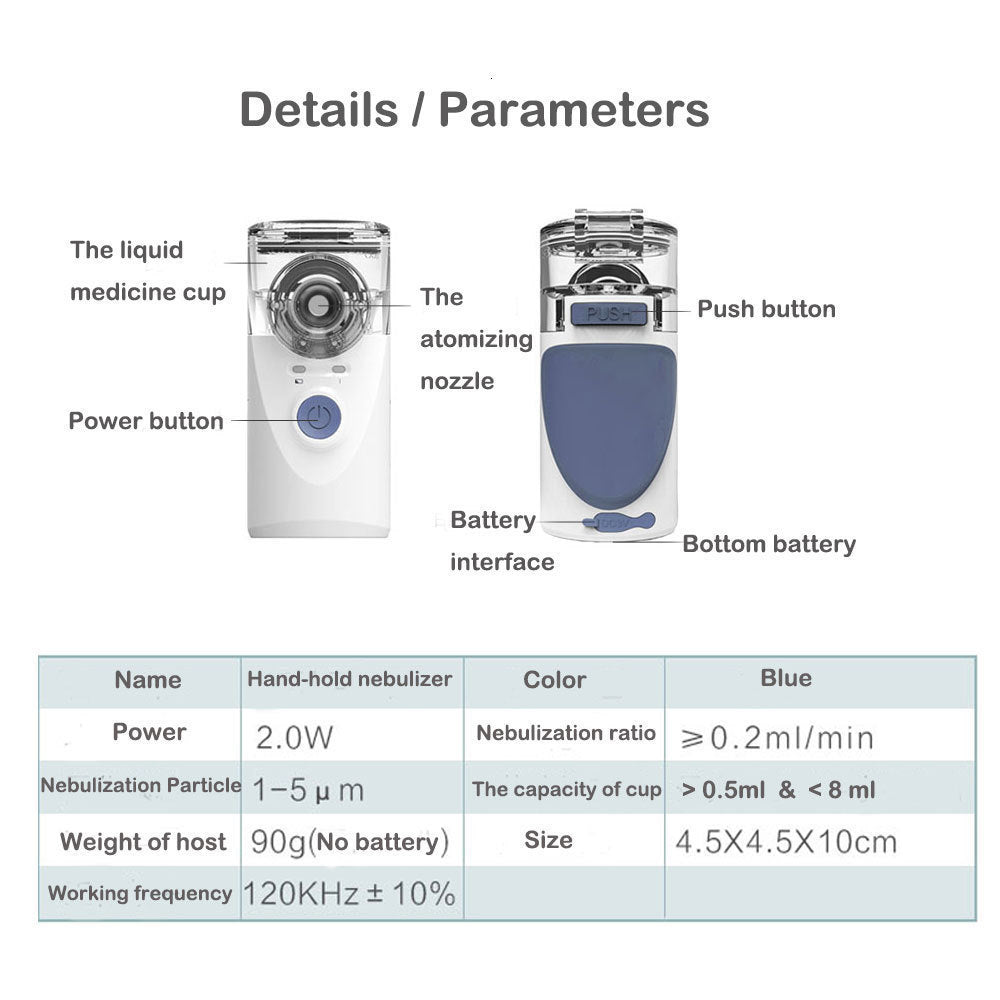 Fitlybuy white and blue portable handheld nebulizer with medicine cup, power button, and technical specifications table.