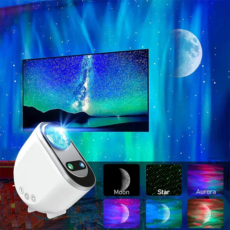 Fitlybuy Aurora Mood Light projecting blue northern lights and moon, with inset samples of various display modes.