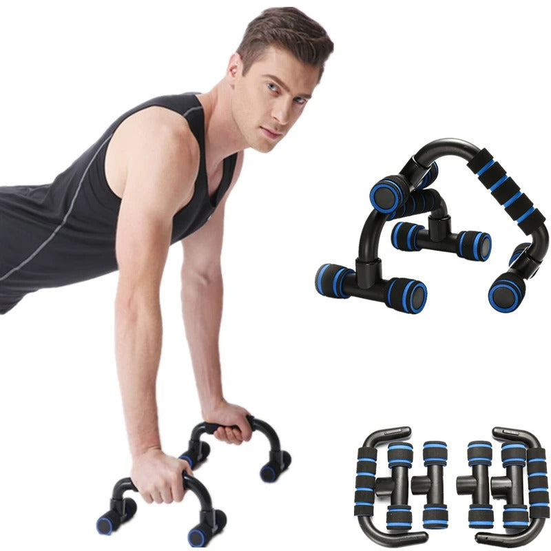 Man using Fitlybuy black push-up stands with ergonomic blue-cushioned grips for non-slip stability on a white background.