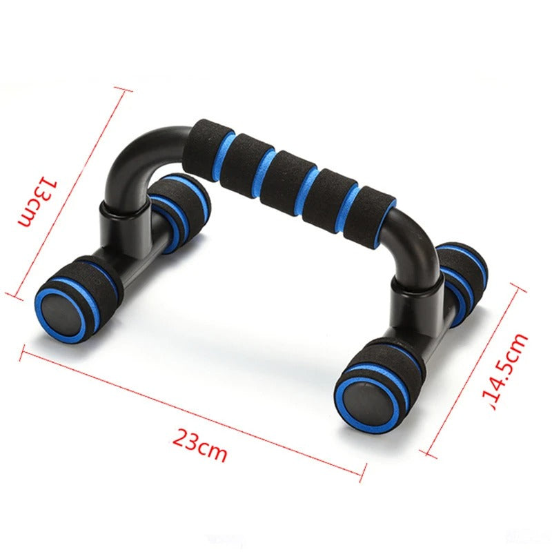 Fitlybuy black and blue non-slip push-up stand with foam ergonomic grips and dimensions labeled on white background.