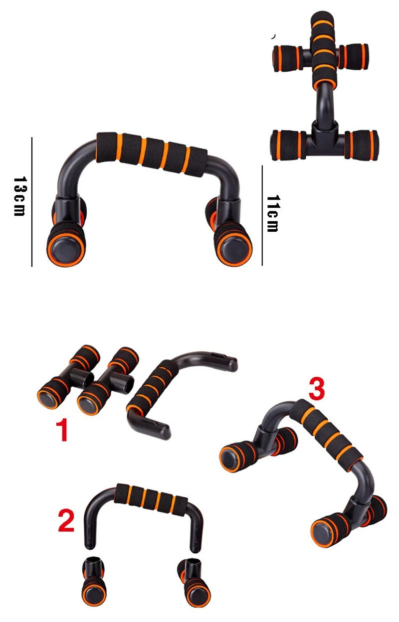Fitlybuy black and orange non-slip push-up stands with ergonomic foam grips, shown from multiple angles with dimensions.