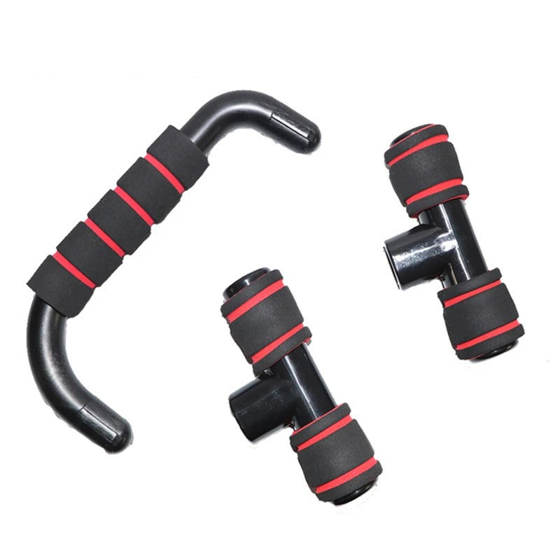 Fitlybuy non-slip push-up stands in black with red ergonomic foam grips, displayed against a white background.