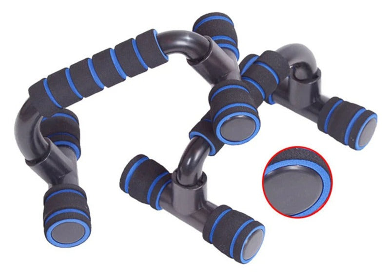 Fitlybuy black and blue non-slip push-up stands with ergonomic foam grips and stability end caps on white background.