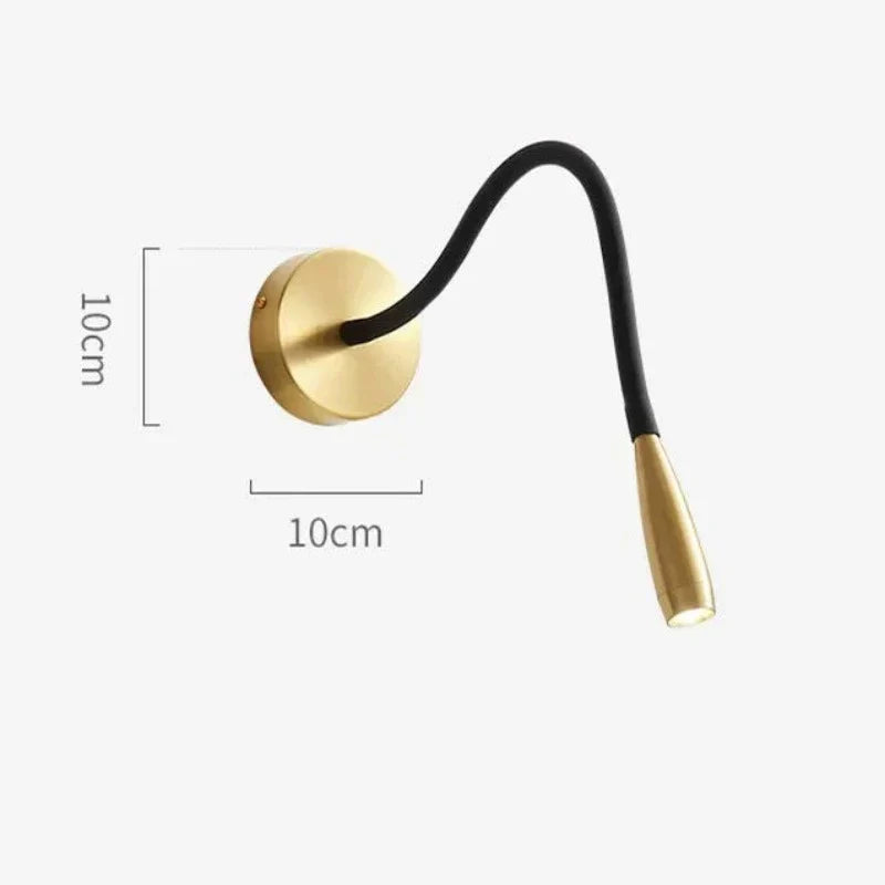 Fitlybuy wall light with gold base, flexible black arm, and LED spotlight head. 10cm scale markings shown.