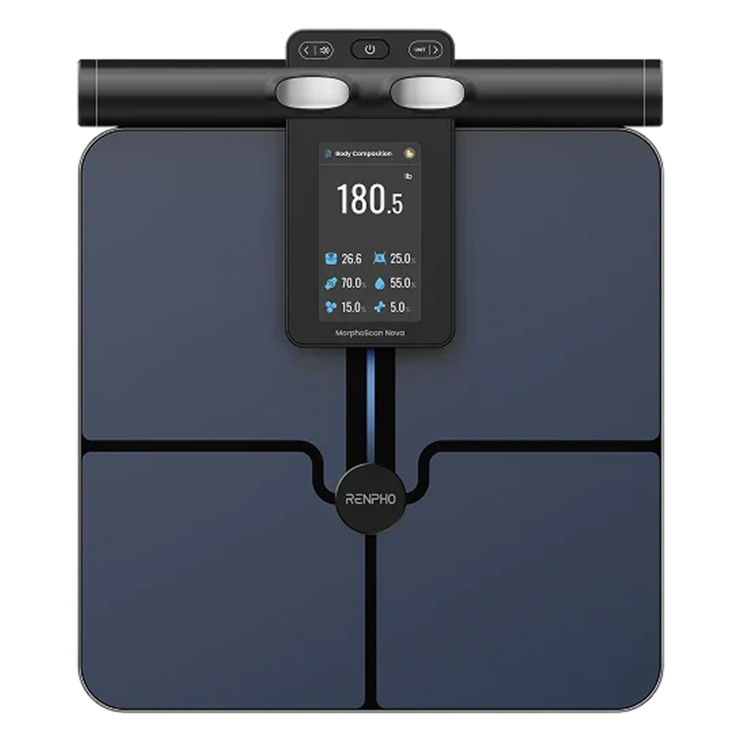 Fitlybuy MorphoScan Nova scale: dark blue body composition scale with handle, digital display, and bioimpedance sensors.