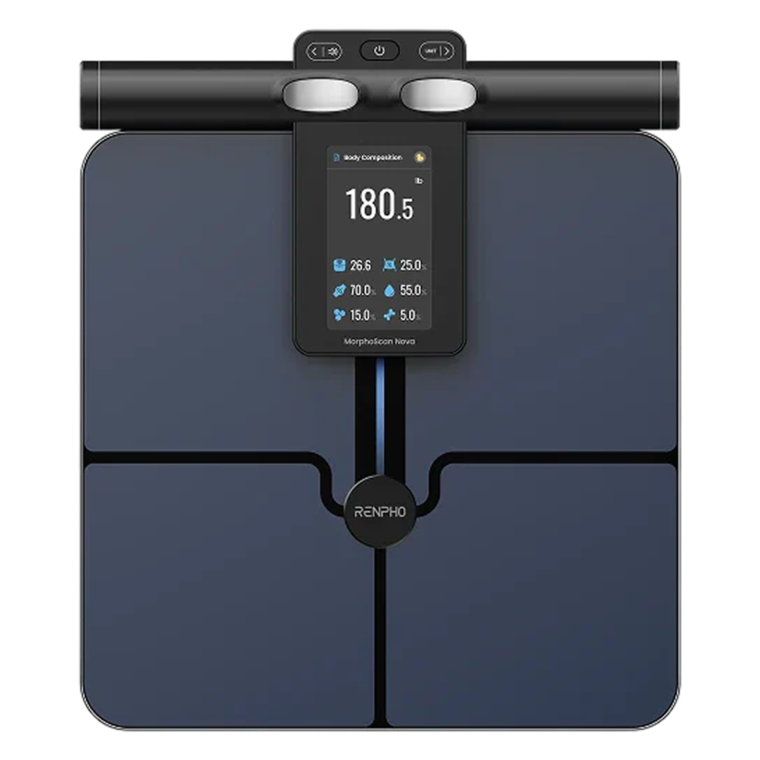 Fitlybuy MorphoScan Nova scale: dark blue body composition scale with handle, digital display, and bioimpedance sensors.