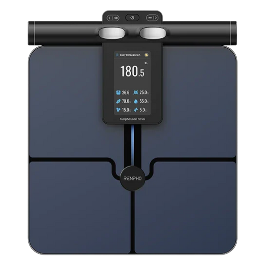 Fitlybuy MorphoScan Nova scale: dark blue body composition scale with handle, digital display, and bioimpedance sensors.