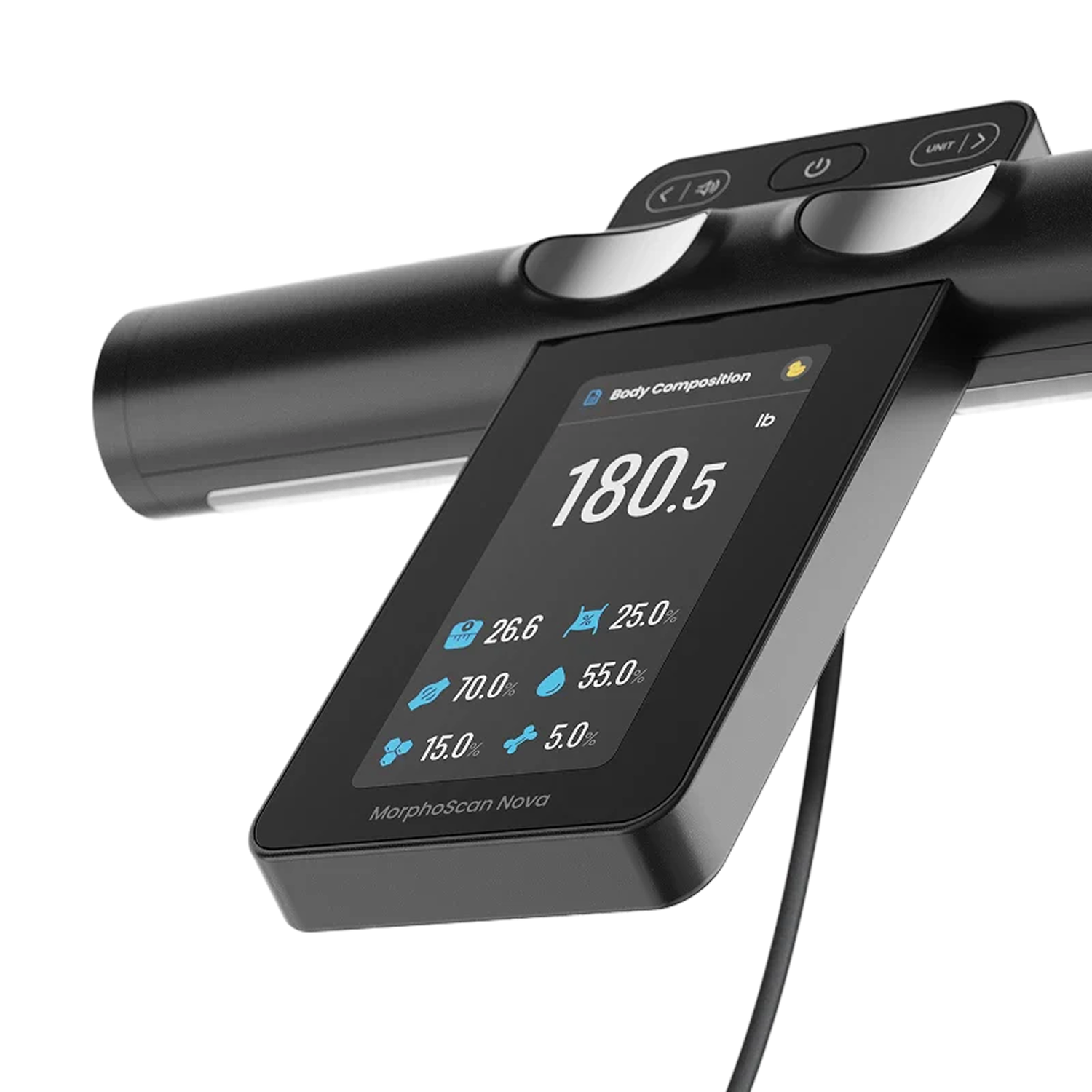 Fitlybuy MorphoScan Nova scale handle with digital screen showing weight and body composition data on a black background.